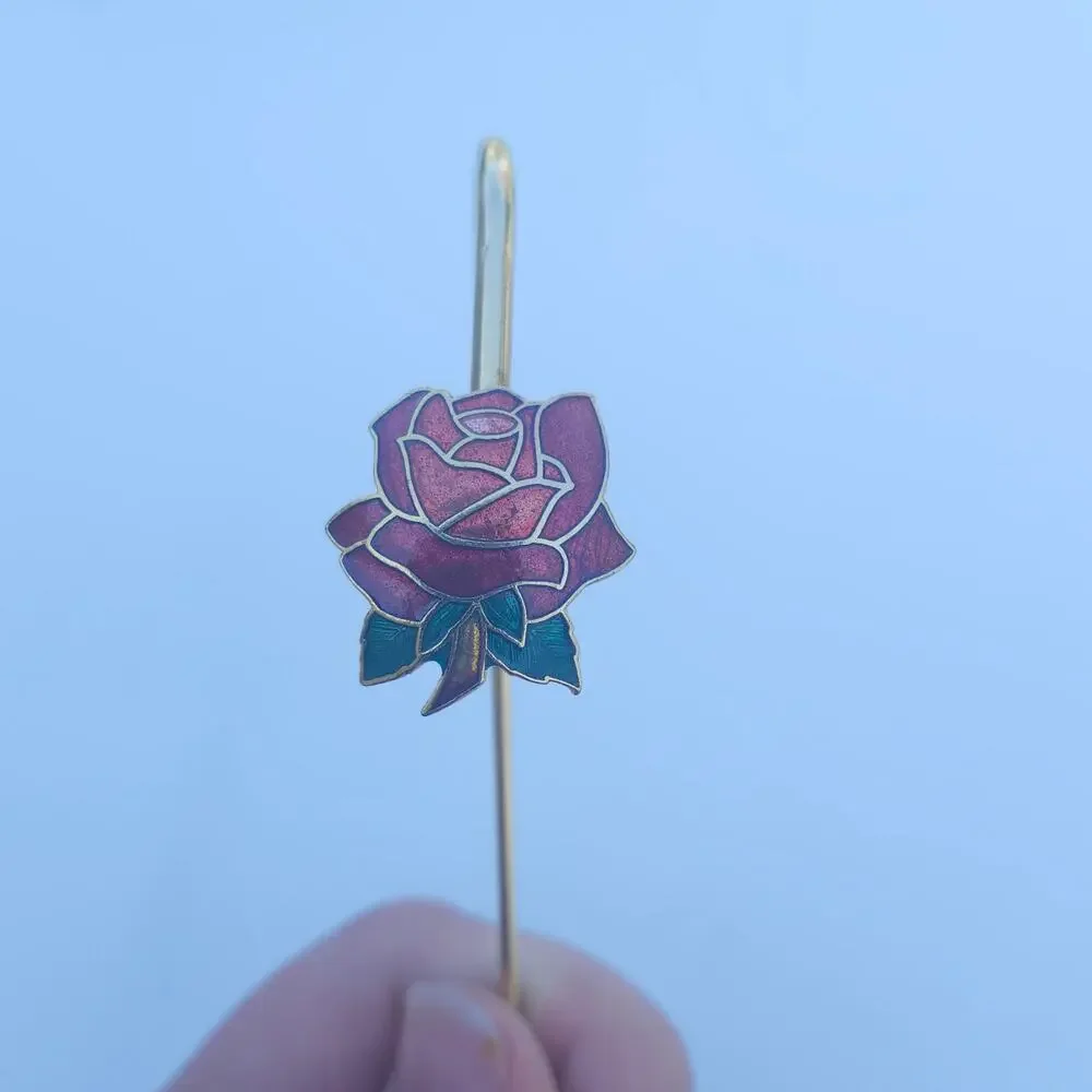 Gold Tone Metal Bookmark Red Green Rose Cloisonne Enamel Book Hook Reader Gift - Picture 1 of 7